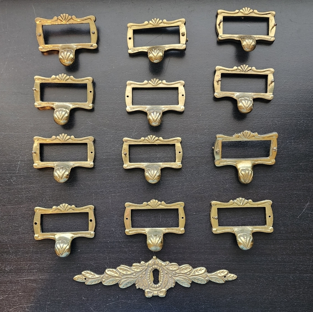 Antique / Vintage Label Card Holders Pulls for Cabinet Hardware set of 12